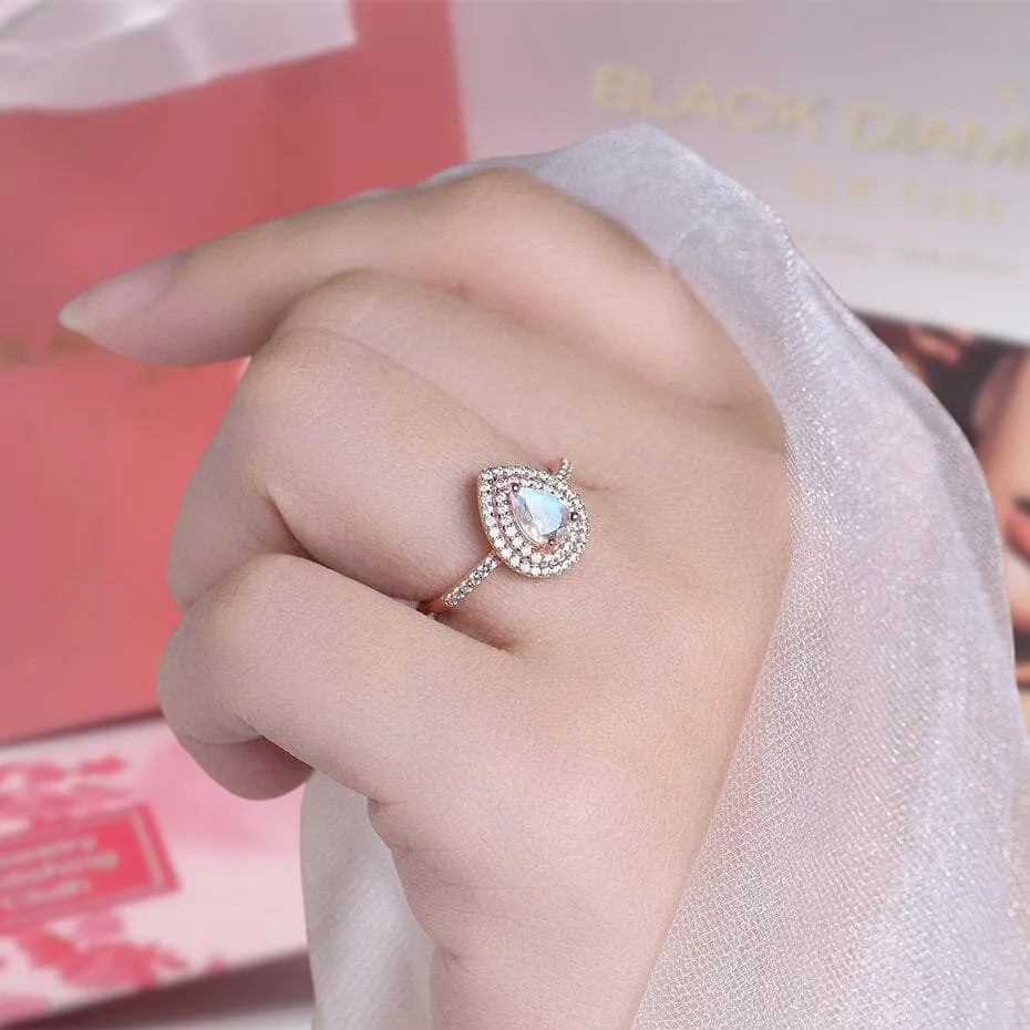14K Gold Natural Moonstone 1ct Pear Cut Engagement Ring