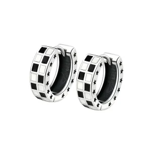 Black Enamel & Silver-Plated Checkerboard Huggie Earrings
